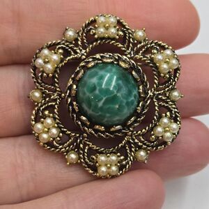Vintage Hollycraft Victorian Revival Faux Pearl Green Faux Peking Glass Brooch